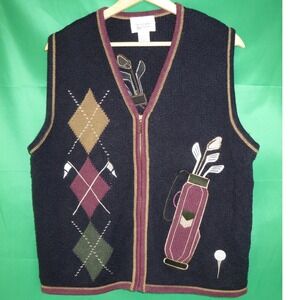 Christopher & Banks Vintage 2001 Golf Sweater Vest Navy Argyle Mens Large Zip